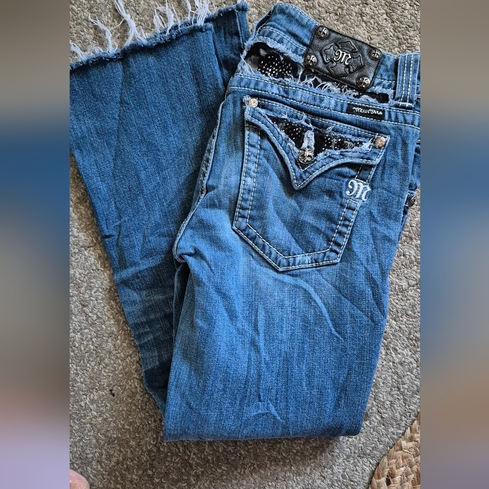 Miss Me Blue Boot Cut Jeans with Embellished Pockets Frayed Hem Sz.31